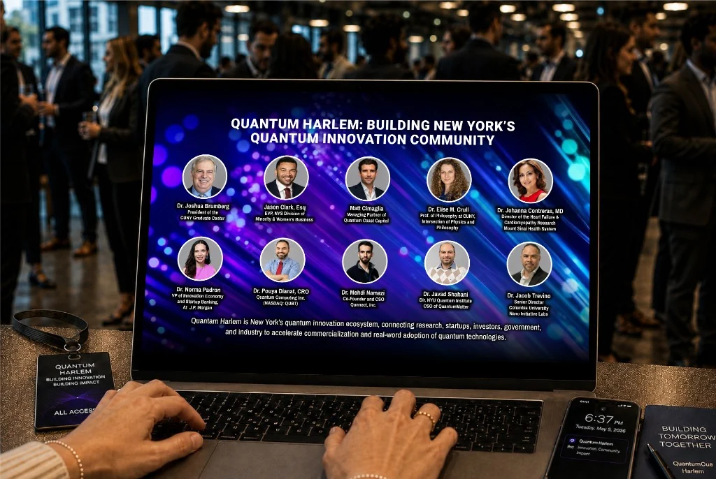 Quantum Harlem inaugural panel lineup on a laptop at a New York quantum networking event — Building New York's quantum innovation community